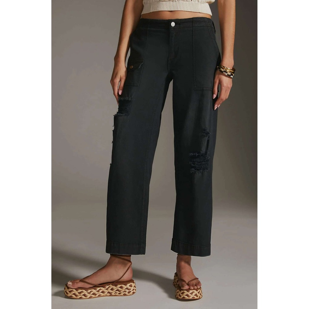 Pilcro Pants Womens Sz 28 Black Distressed Cargo Low Rise Relaxed Trousers NWT